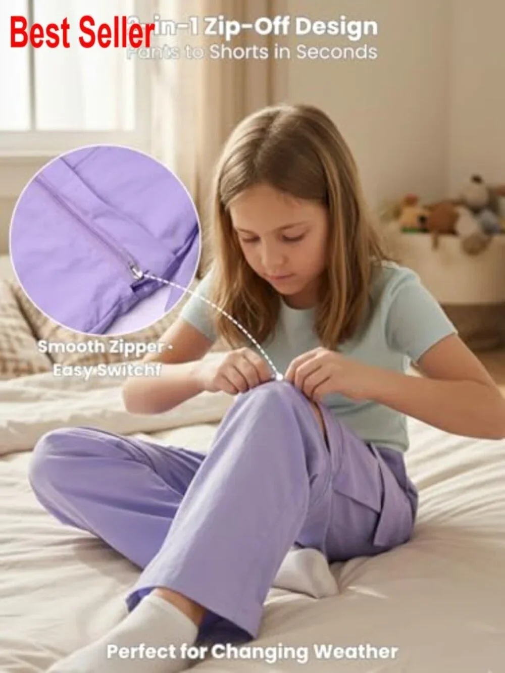 Convertible Zip-Off Cargo Pants for Girls Water-Resistant Outdoor